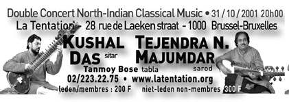Affichette du concert de Kushal Das et Tejendra Majumdar à la Tentation en octobre 2001